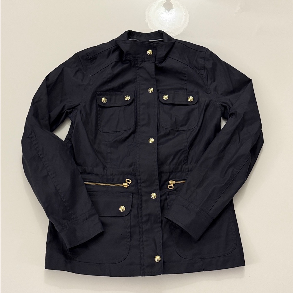 Tommy Hilfiger Women’s Navy Blue Coated Gold Zip Up Utility Jacket Size S